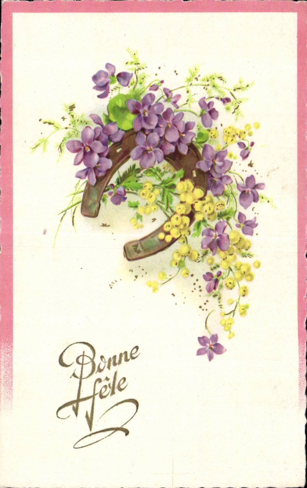 CPA Fantaisie Fleurs Bonne fete Fer a cheval