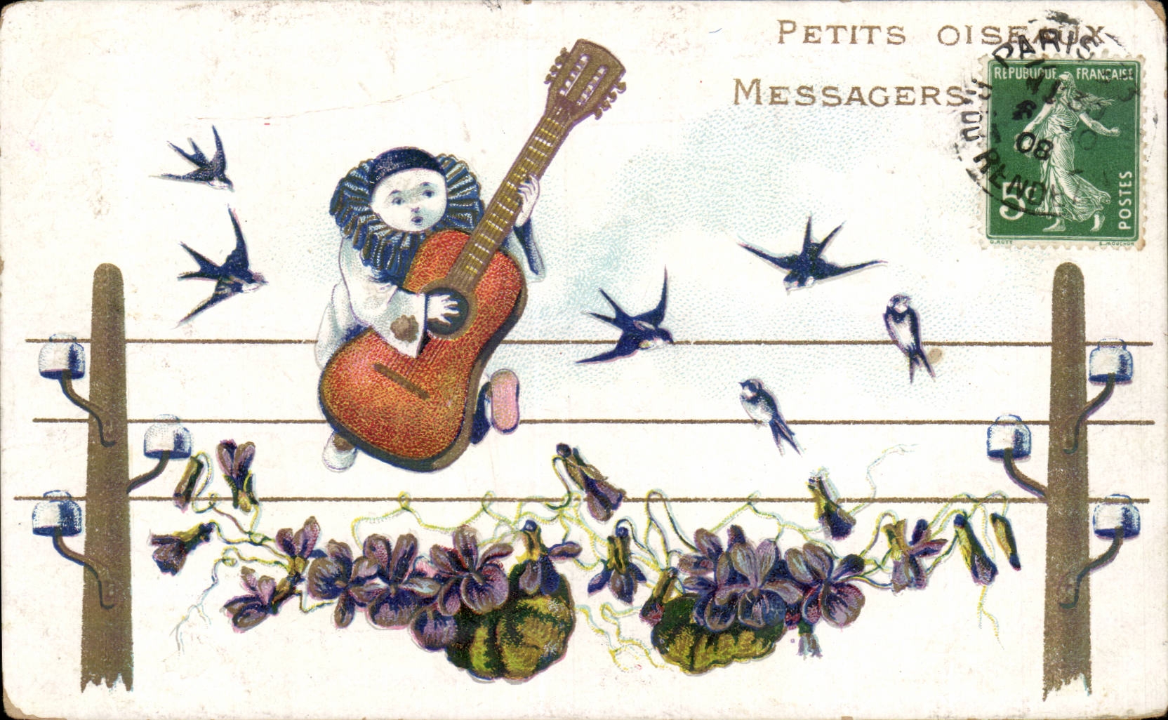 CPA Fantasy Small birds messengers Guitar Pierrot Swallows