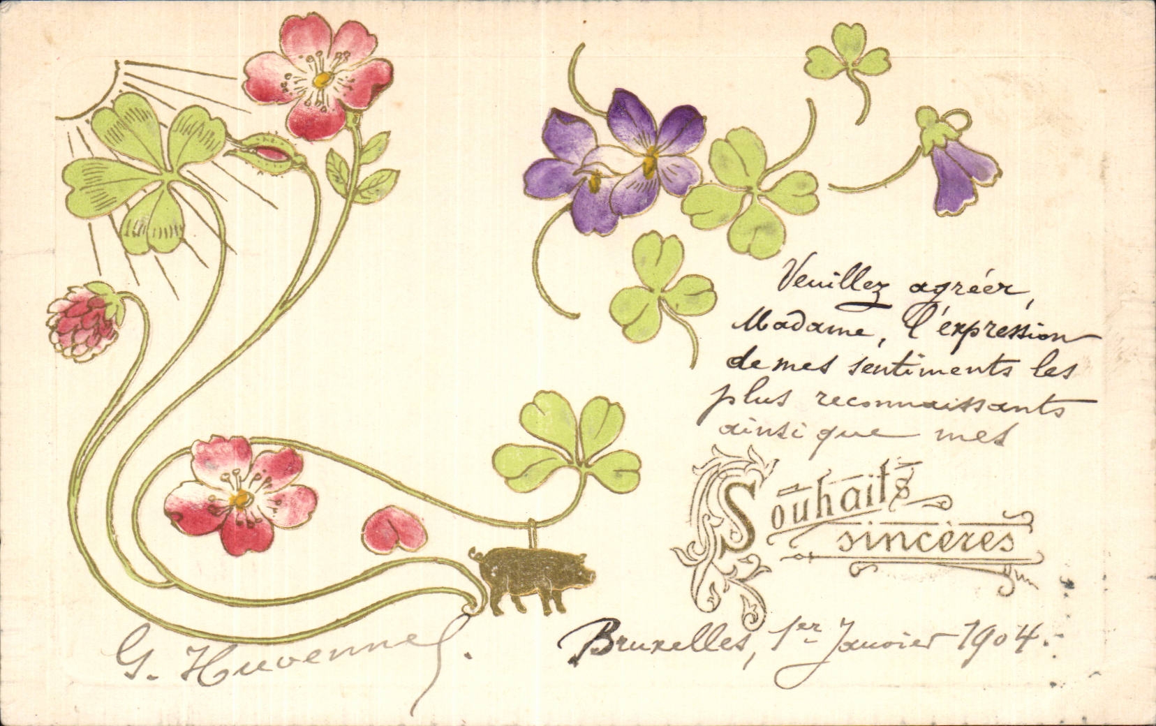 Fleurs Violette - Violet - Souhaits Sinceres Cochon Pig - CPA 