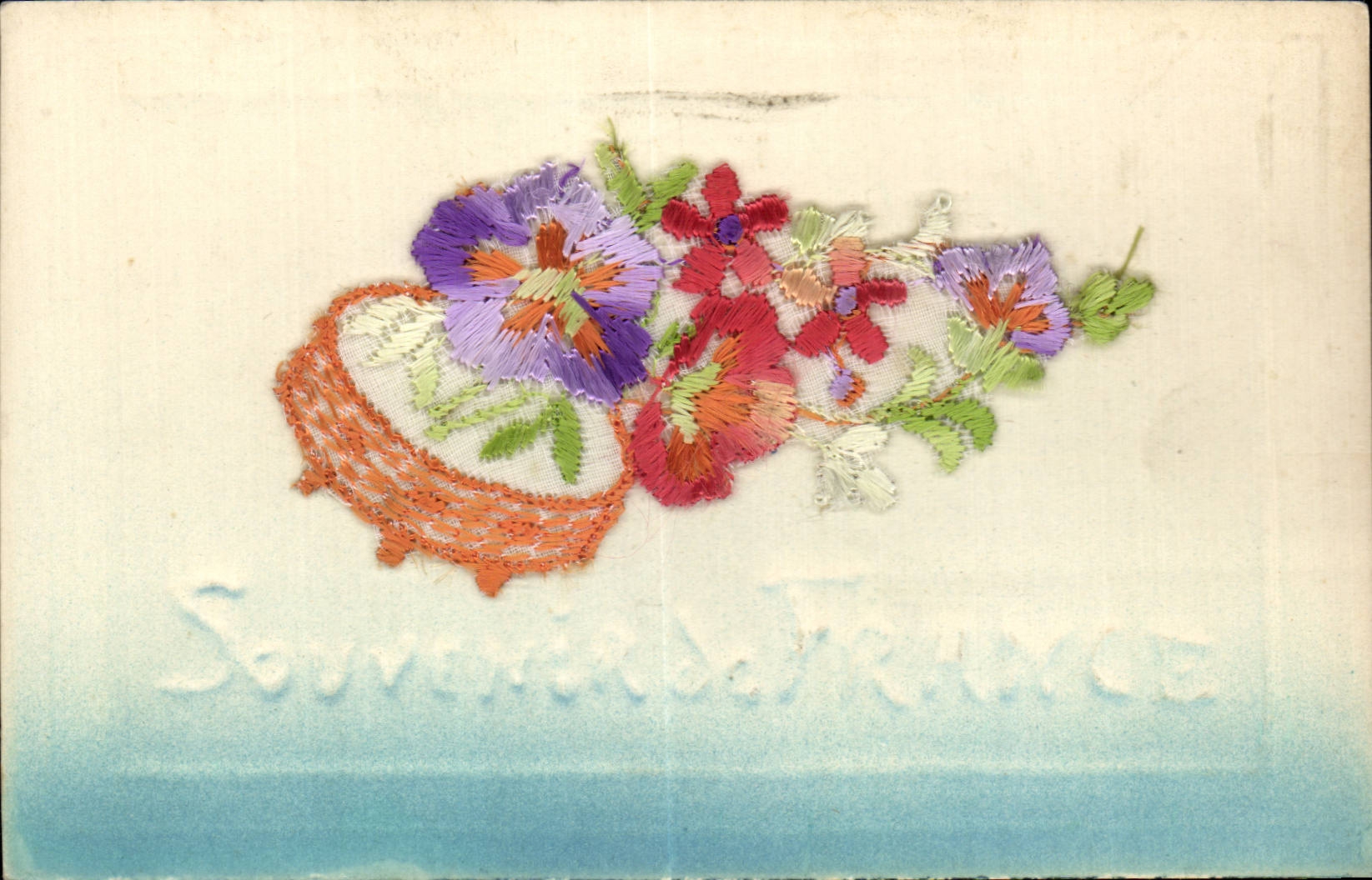 CPA Fantaisie Decor brode Fleurs Souvenir de France