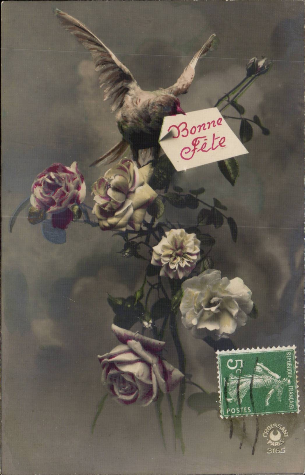 CPA Fantaisie Fleurs Oiseau Bonne fete