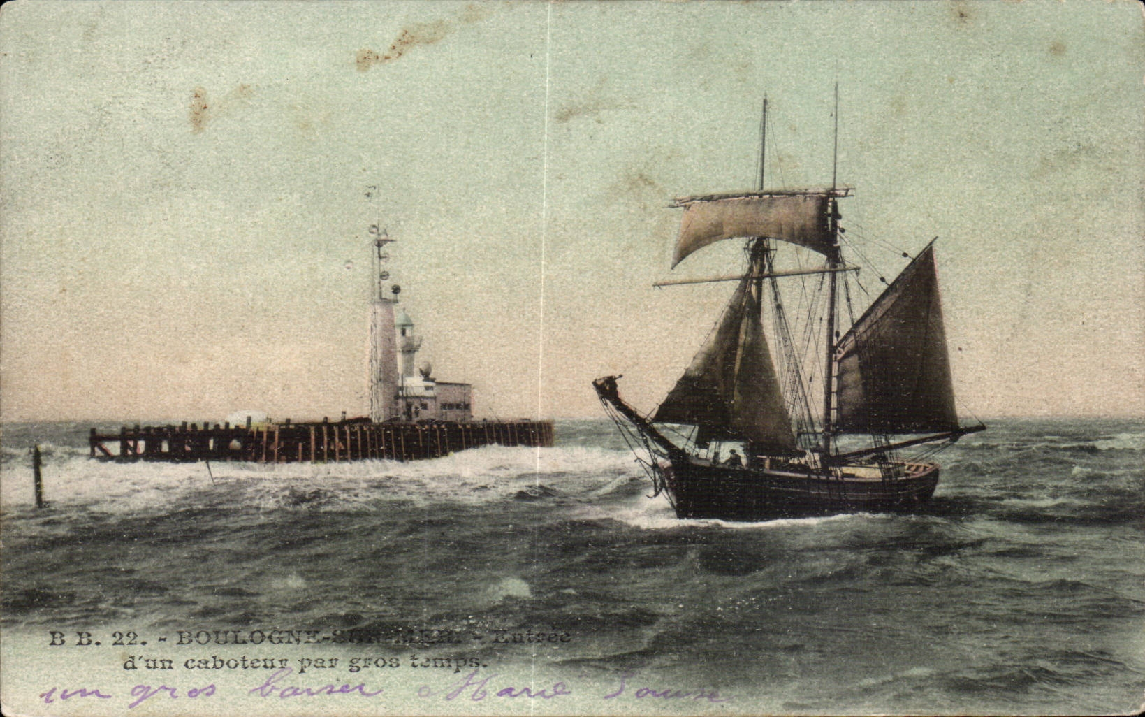 CPA Boulogne on Sea Entrance a coaster by heavy weather Boat