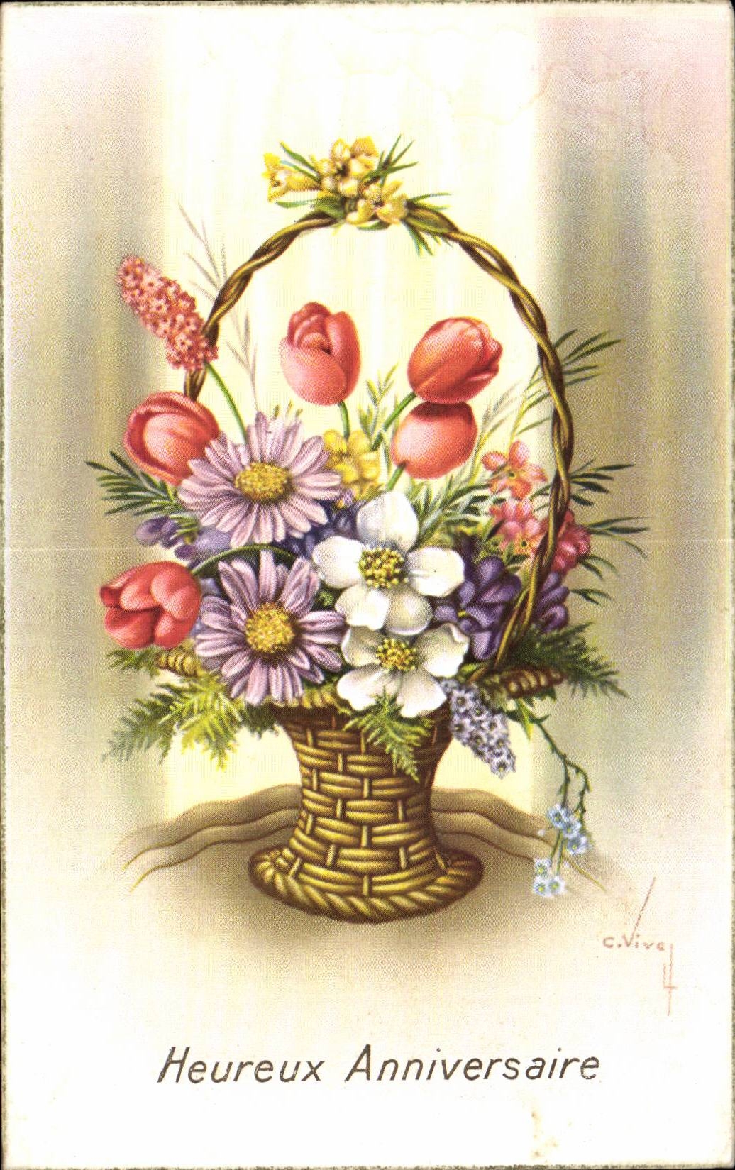 - Fleurs - Heureux Anniversaire - Happy Birthday - CPA 