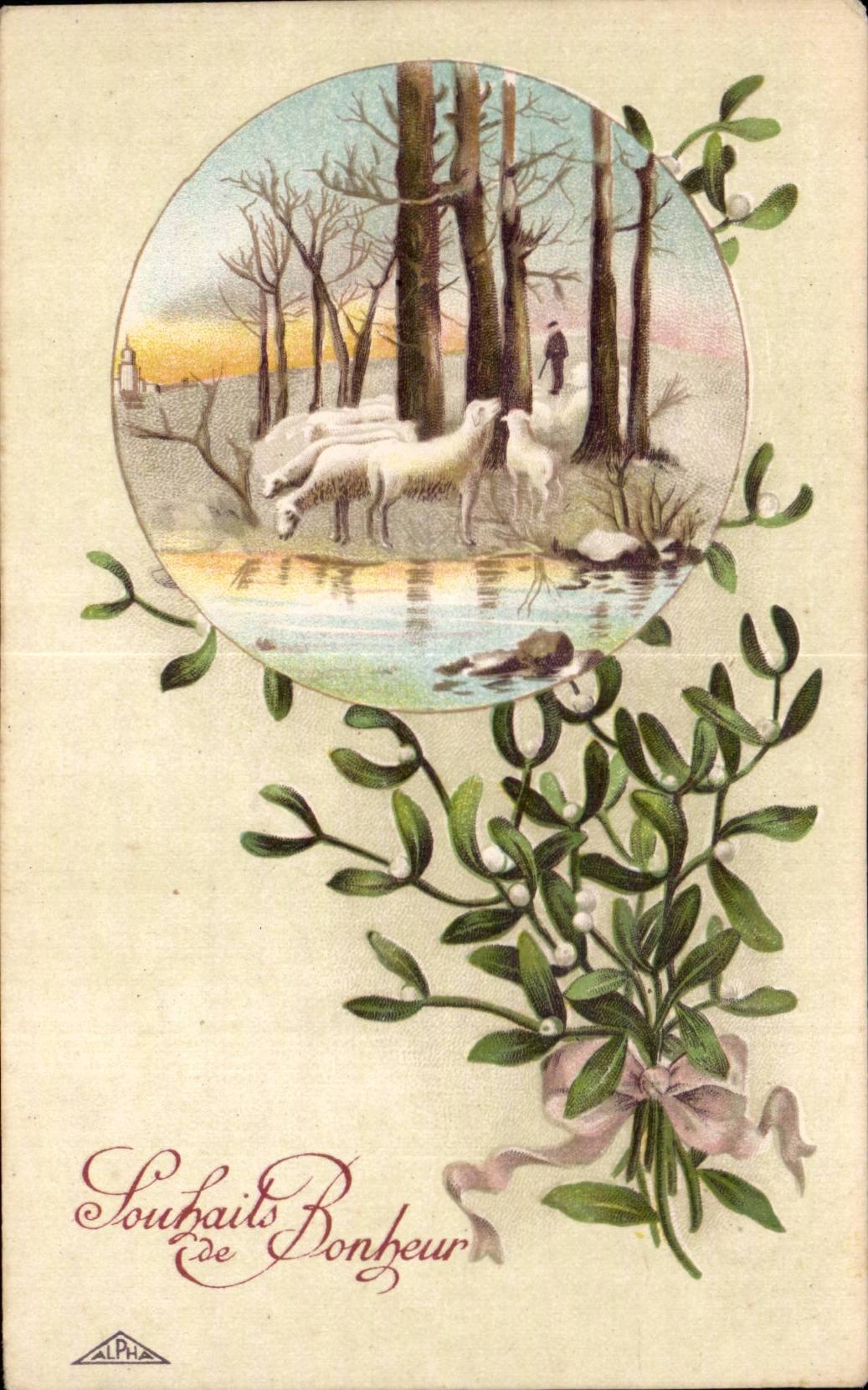 - Fleurs - Souhait Bonheur - mouton - sheep - houx - holly - CPA