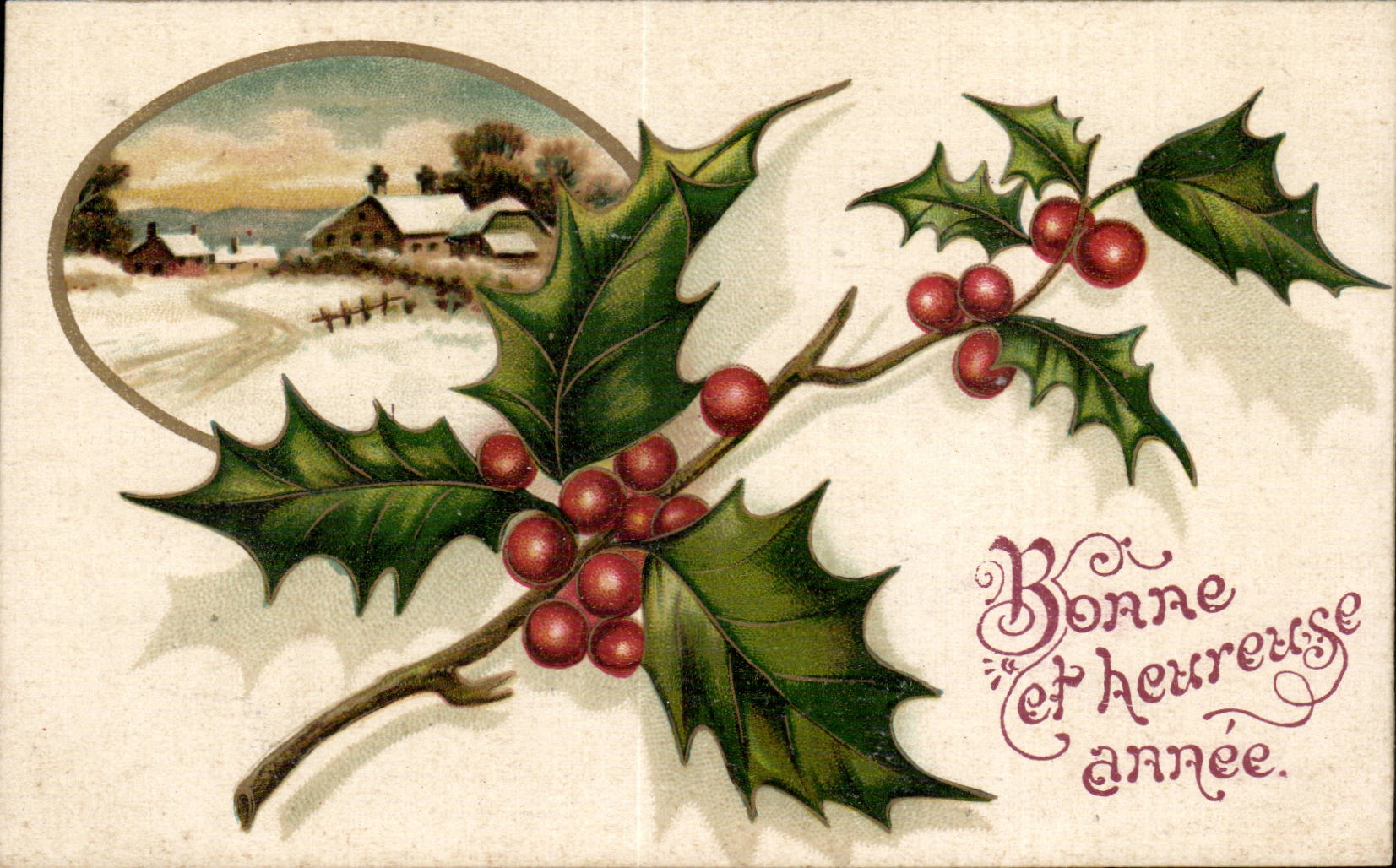 Fleurs Bonne Annee - Happy New Year - houx - holly - CPA