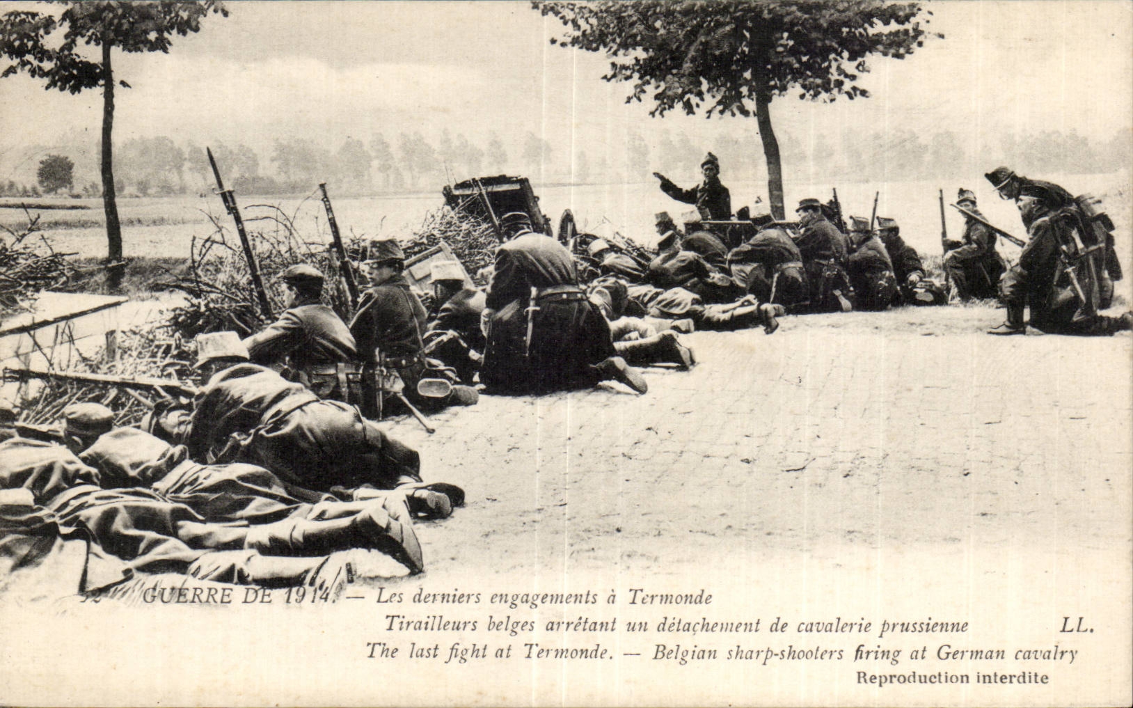 CPA Militaria last engagements has Termonde Tirailleurs Belgian stopping a detachment of Prussian cavalry