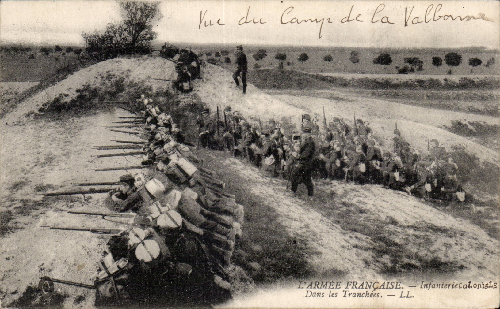 CPA War of 1914 Militaria French Army colonial Infantry In the trenches Seen with the camp of Valbonne