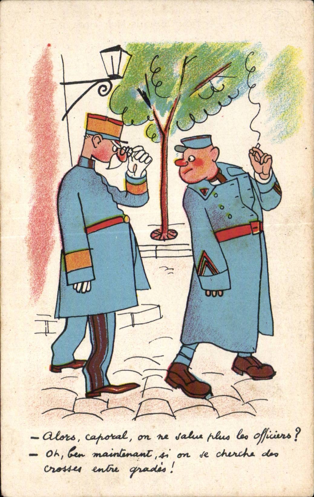 CPA Fantasy Militaria Humor Then corporal Cigarette