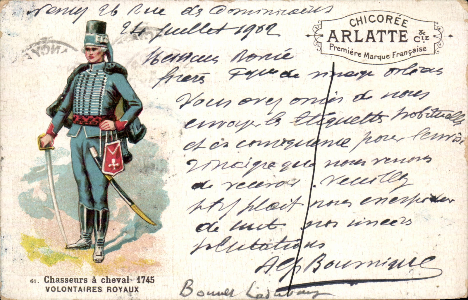 CPA Fantaisie Militaria Chasseurs tiene publiite real Chicoree Arlatte de Uniforme de los voluntarios del caballo 1745