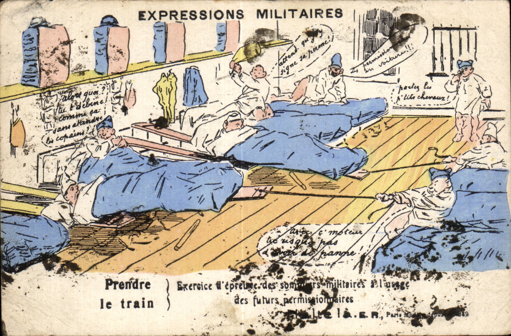 CPA Fantasy Militaria Humor military Expressions To take the train