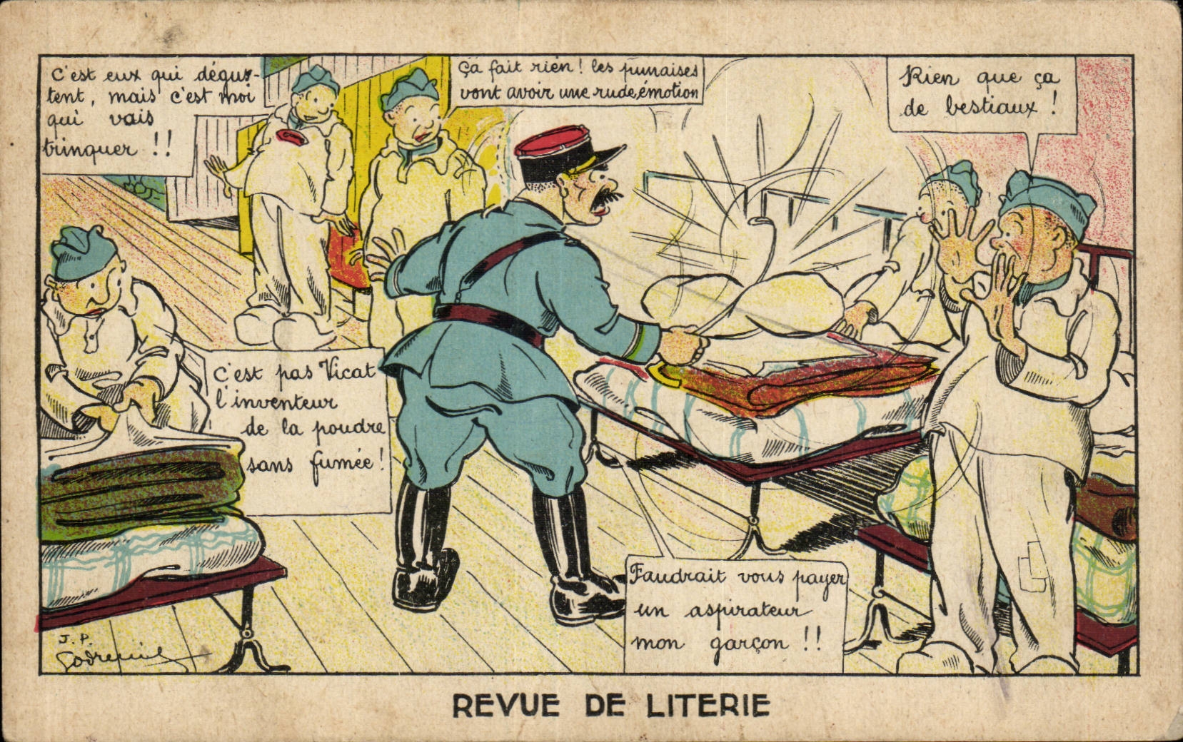 CPA Fantasy Militaria Humor Re-examined of bed linen