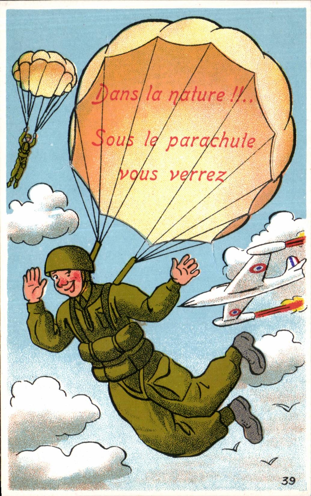CPA Fantasy Militaria Humor In nature!! Under the parachute Plane
