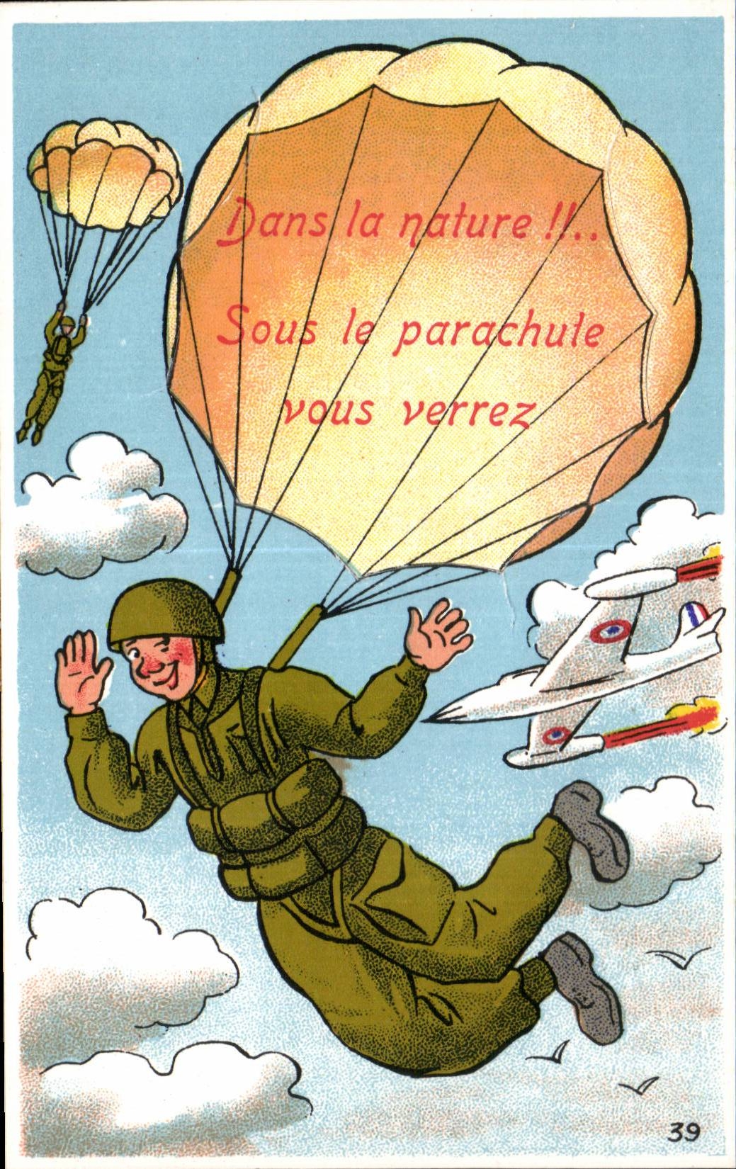 CPA Fantaisie Militaria Parachute Avion 