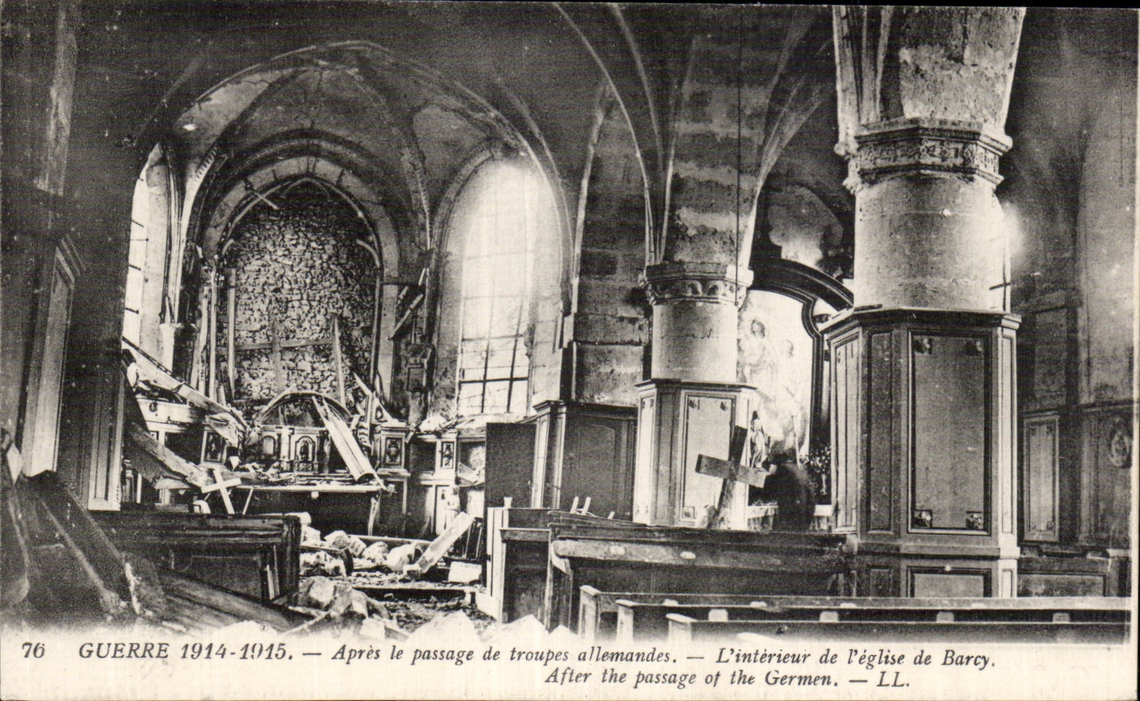 CPA Militaria War 1914 After the passage of German troops interior of church of Barcy