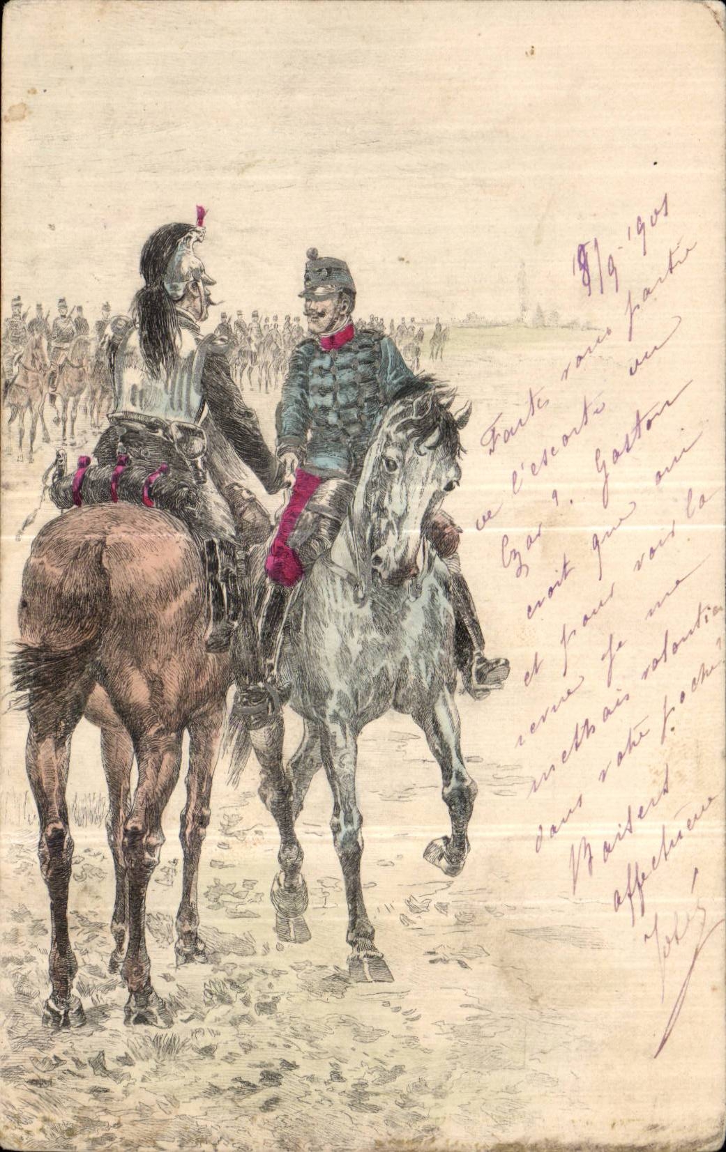 Caballo del caballo de los dragones del uniforme CPA Militaria