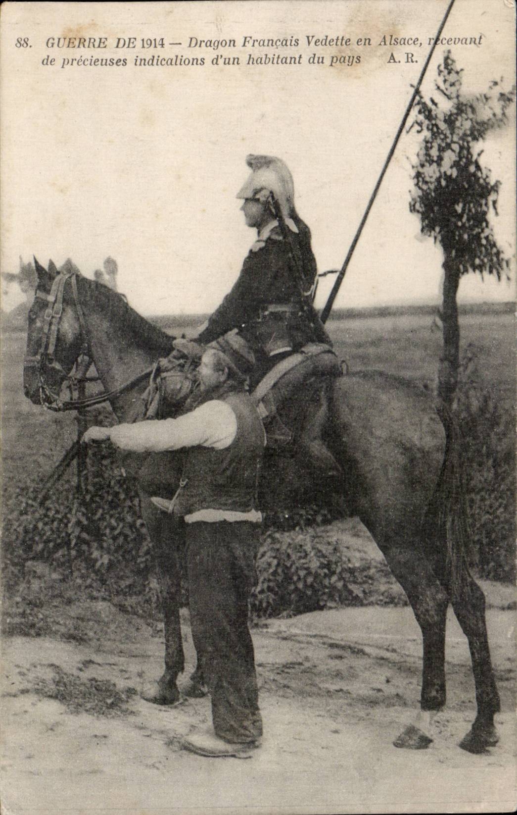 Guerra de CPA Militaria de la motora de alta velocidad del dragon de 1914 franceses en la recepcion de Alsacia de indicaciones inestimables un habitante del pais