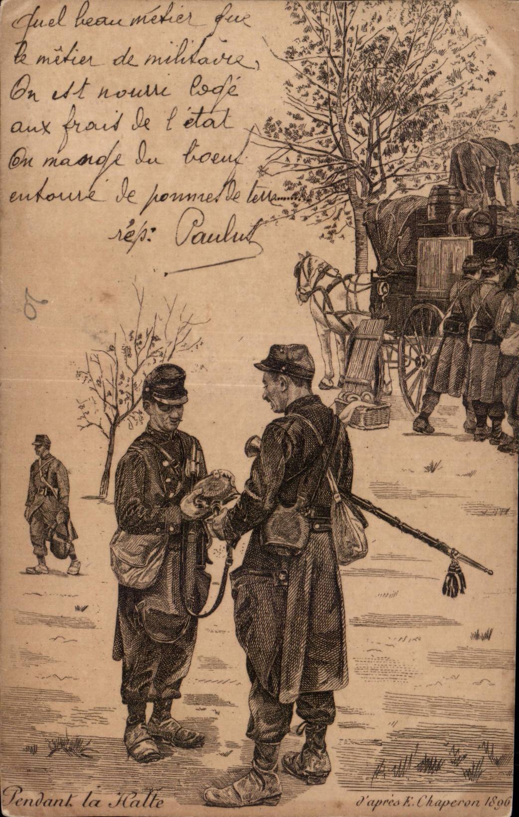 CPA Militaria Pendant la halte