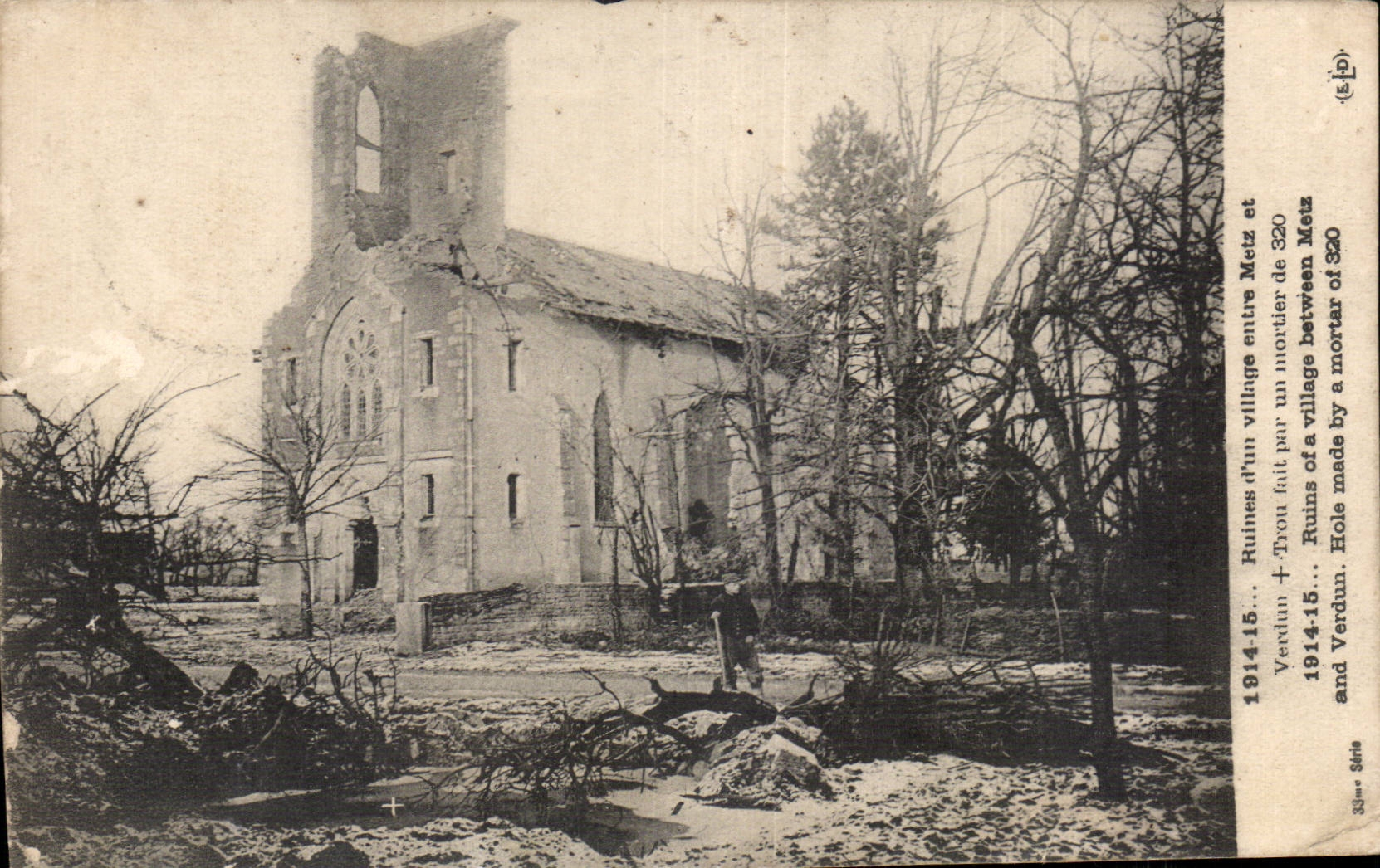 CPA Militaria Great War of 1914 Ruins a village between Metz and Verdun Hole made by a mortar of 320