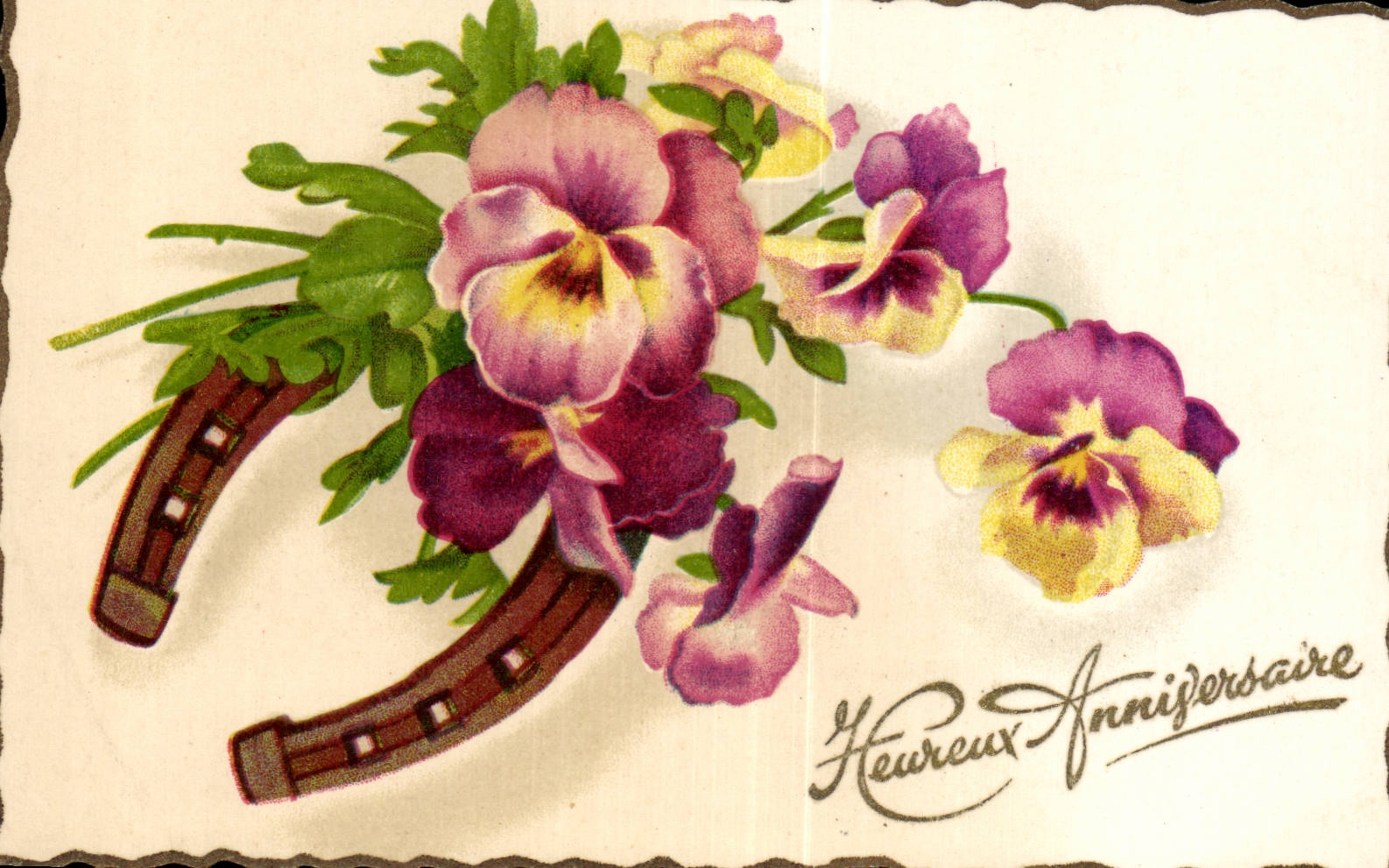 CPA Fantaisie Fleurs Heureux anniversaire Fer a cheval