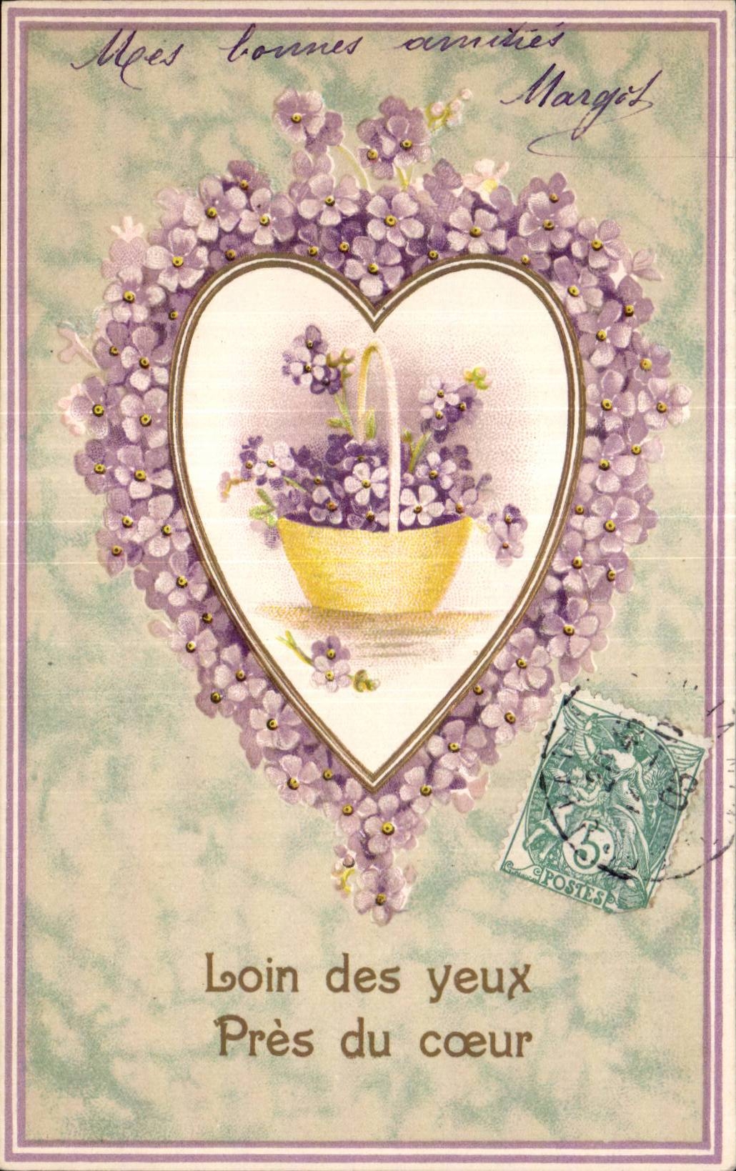 Fleurs Loin des yeux pres du coeur - heart - CPA 