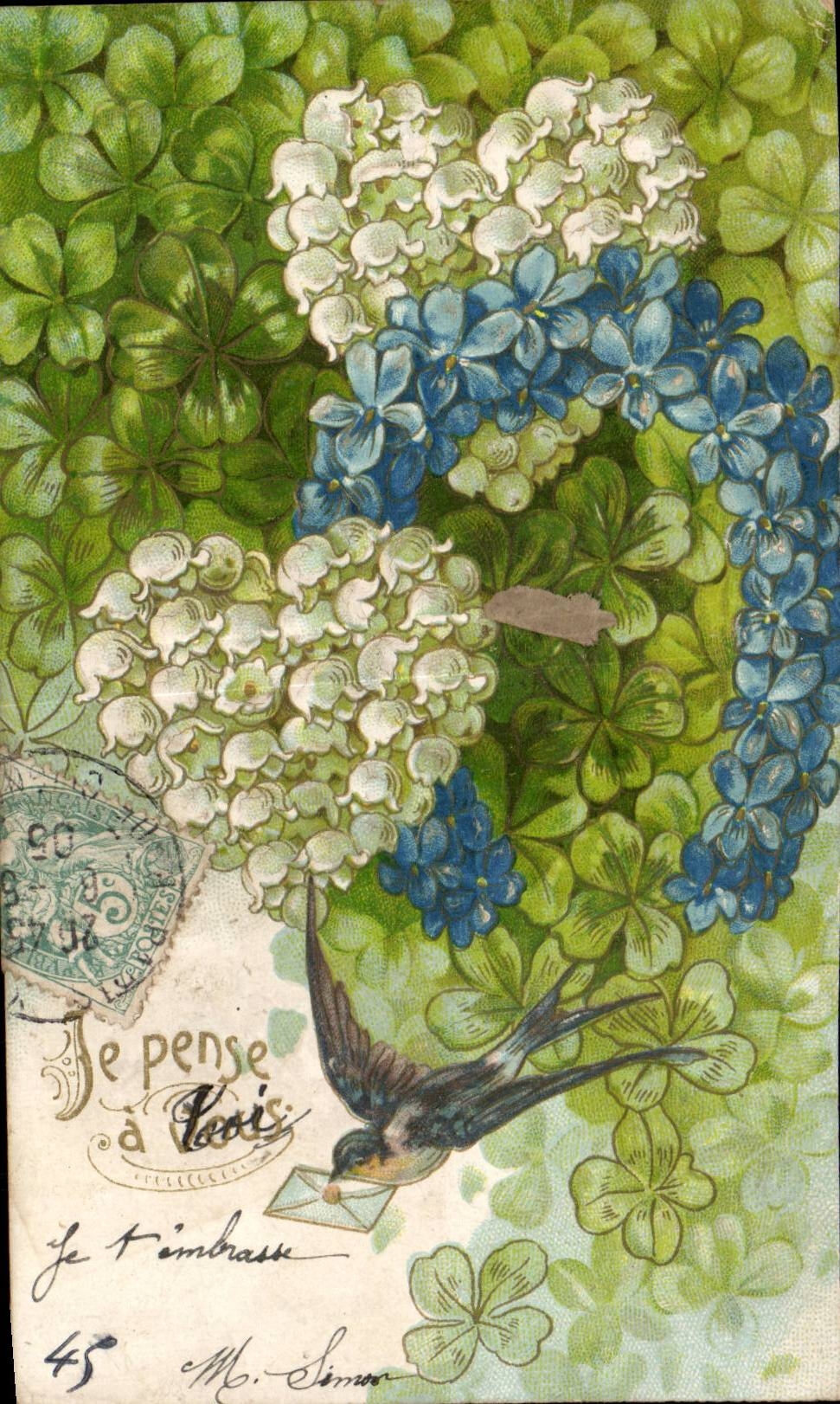 Fleurs heart - four leaf clover - coeur - trefle Hirondelle - CPA 