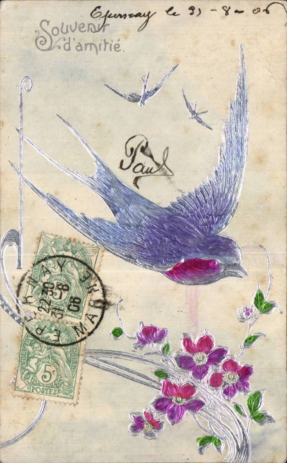 CPA Fantaisie Fleur Oiseau Hirondelle doree