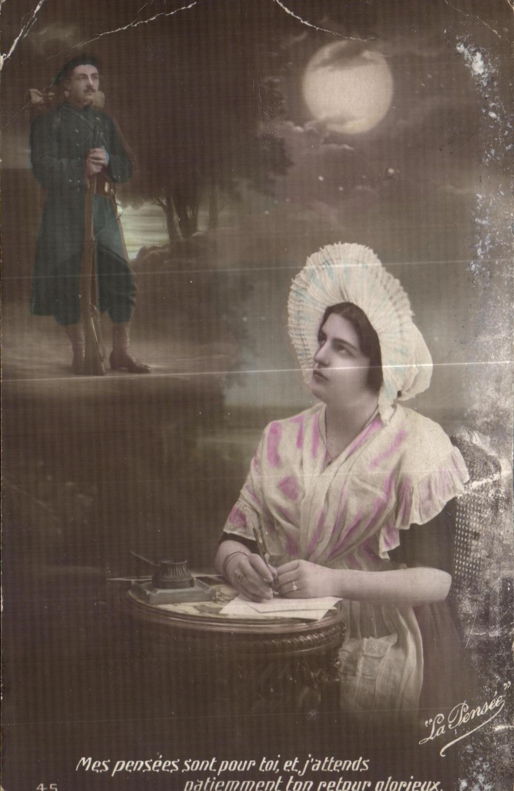 CPA Fantaisie Femme Mes Pensees sont pour toi et j attends patiemment ton retour alorieux Militaria 