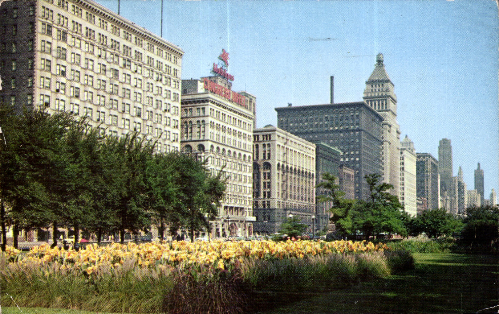CPA Michigan Boulevard Chicago Illinois Looking Norht on Michigan Boulevard from colorful Grant Park with Congress Hotel