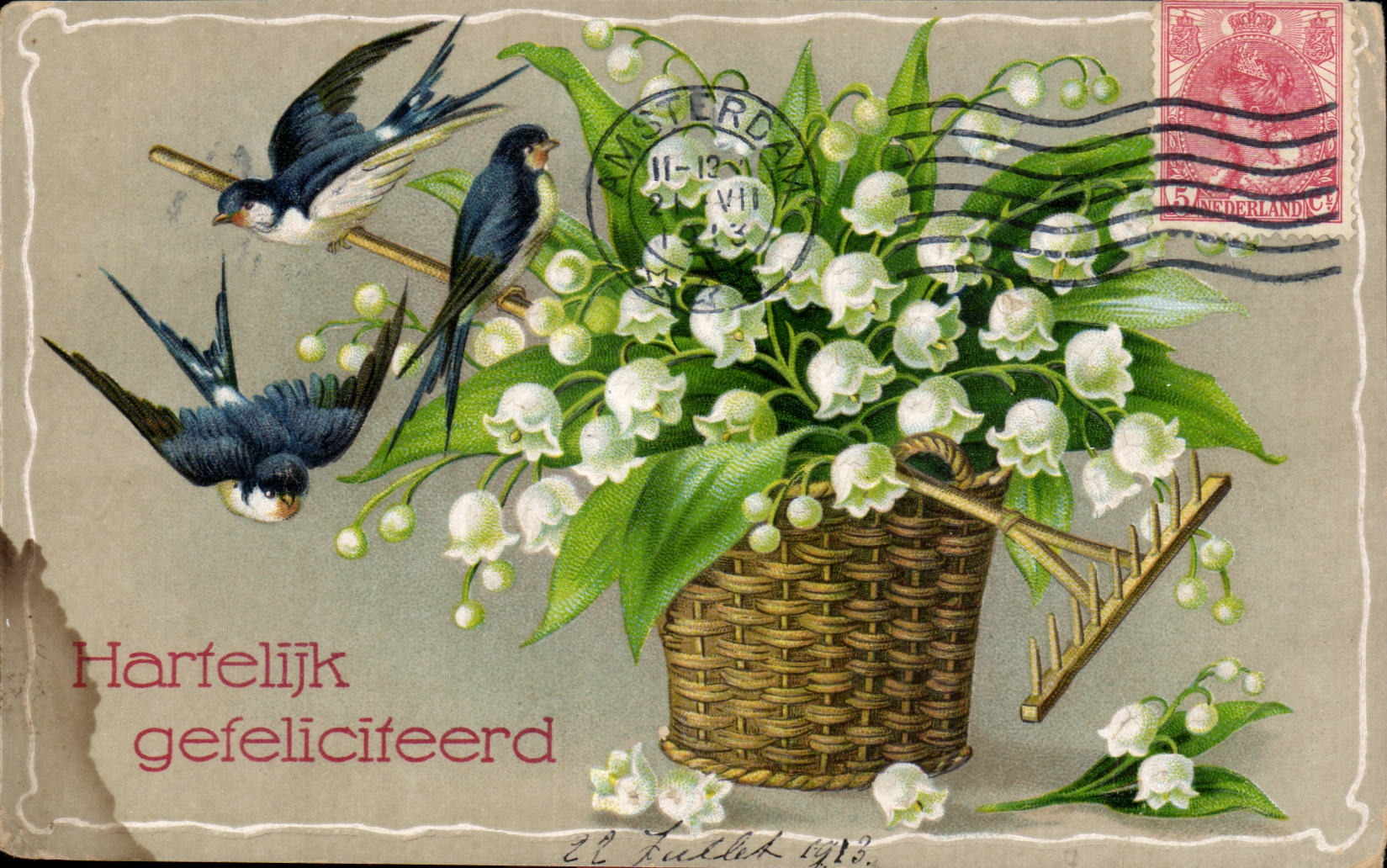 CPA Fantaisie Fleurs Hirondelles Muguet