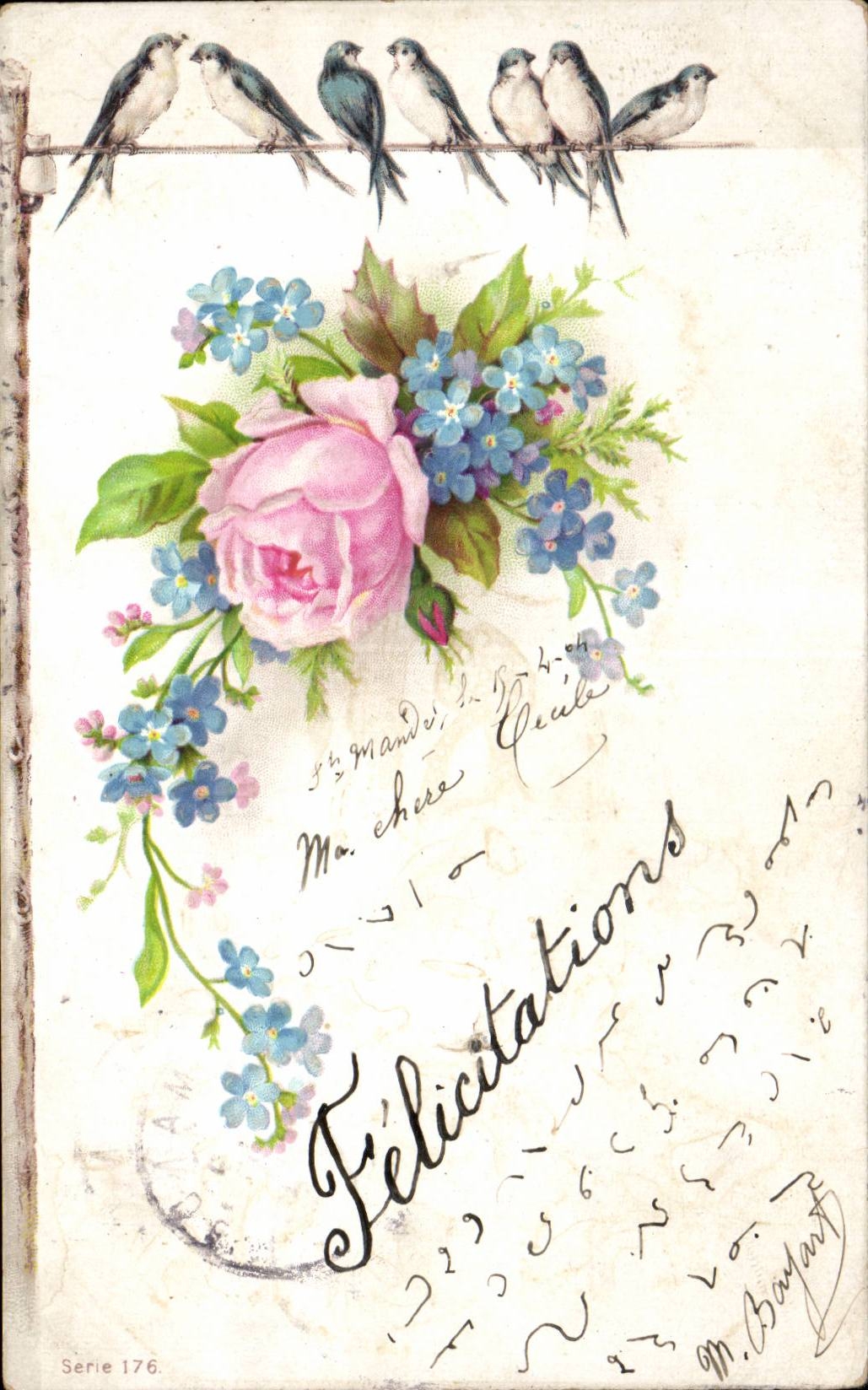 CPA Fantaisie Fleurs Rose Hirondelle