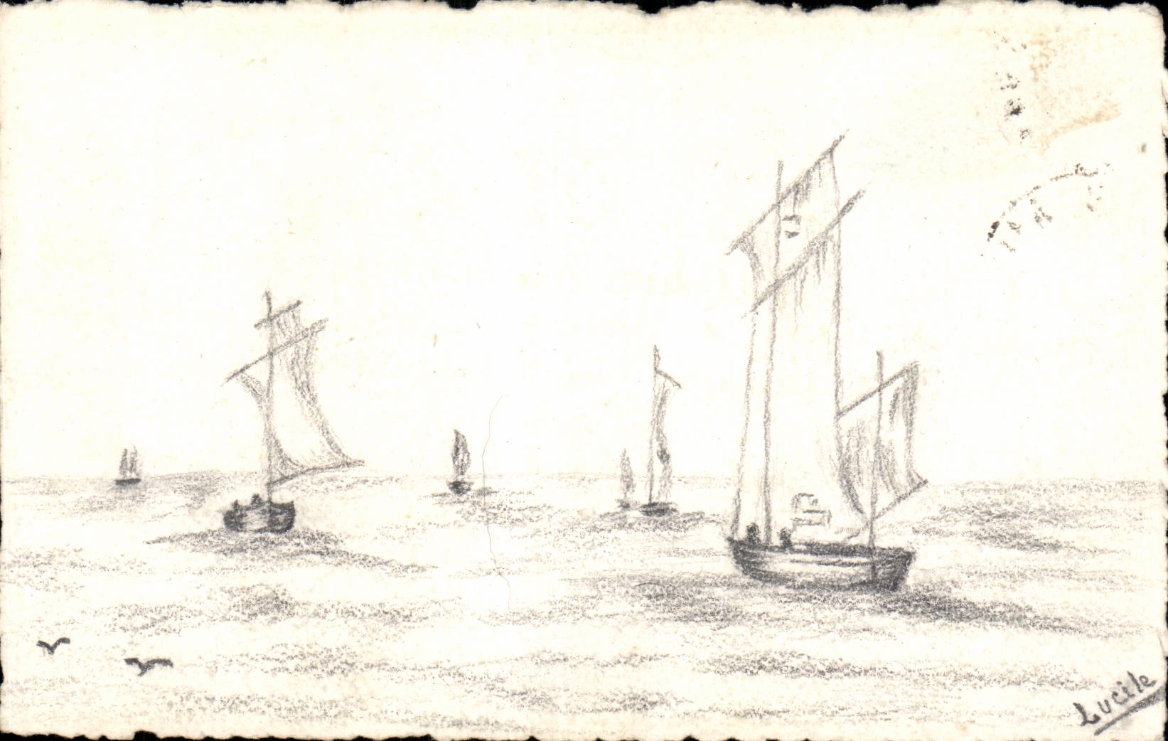 CPA Bateau dessin au crayon a la main