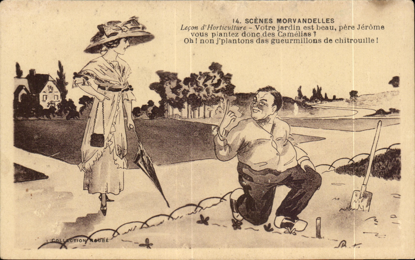 CPA Scenes Morvandelles Lecon d Horticulture Votre Jardin est Beau Pere Jerome vous Piantez donc des Camelias Illustrate