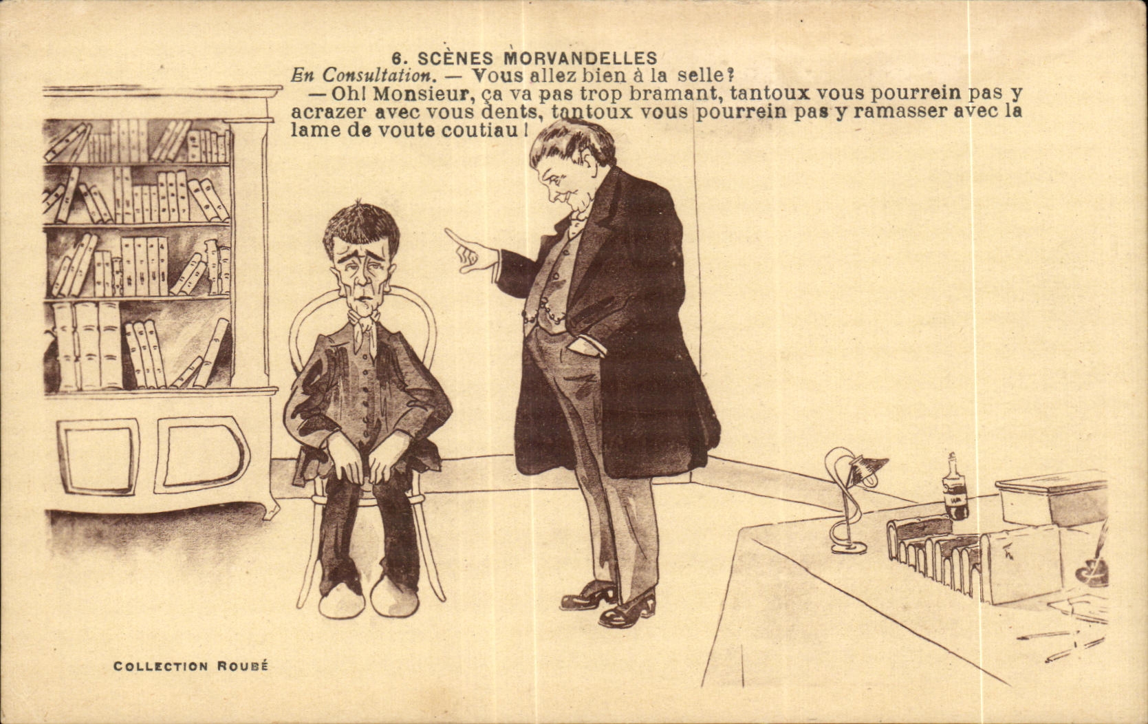 CPA Scenes Morvandelles En Consultation Vous Allez bien a la Selle Humour Illustrateur Robe Docteur