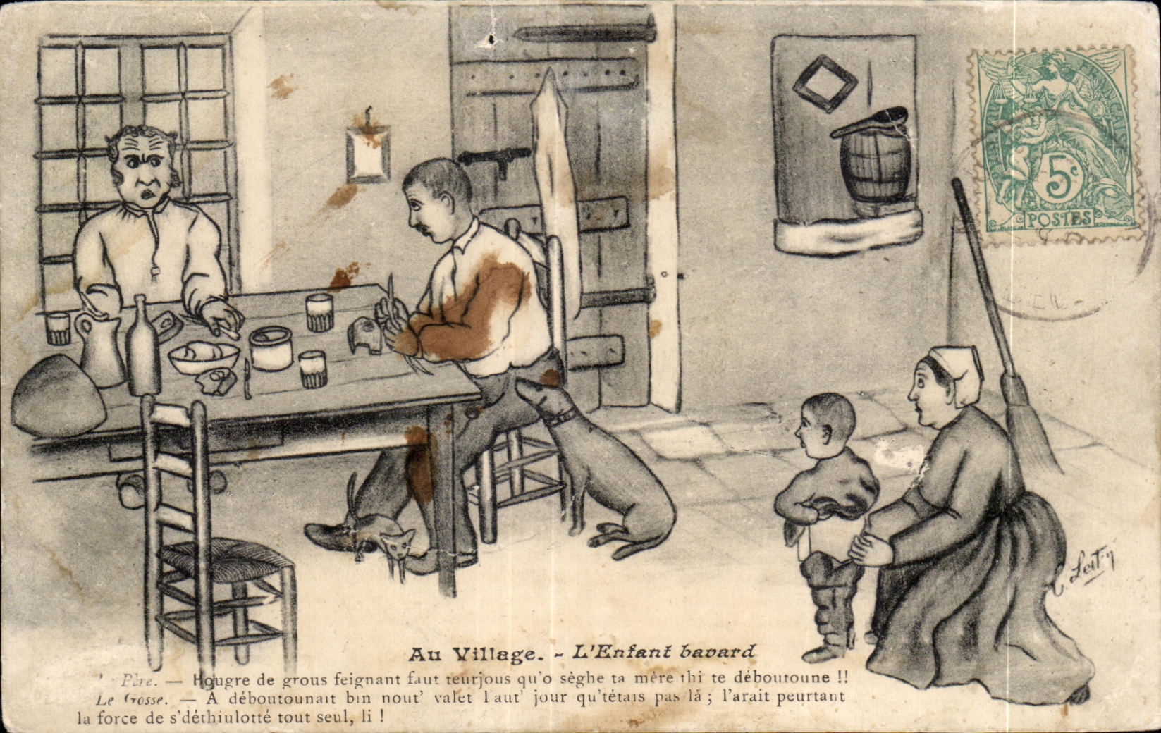 CPA Au Village L Enfant Bavard Humour Illustrateur Lestin