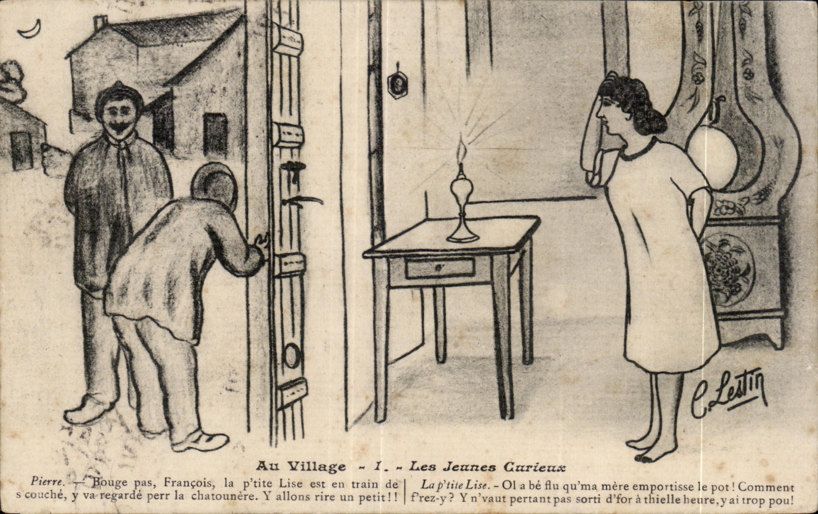 CPA At the Village Curious Young people Humor Lestin Illustrator