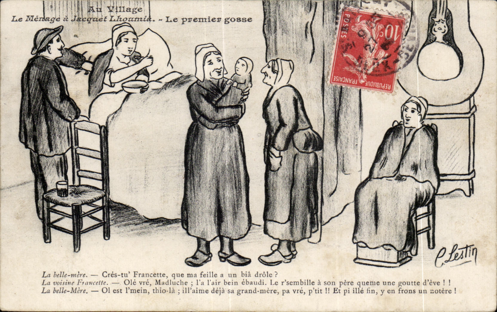 CPA At the Village the Household has Jacqaet Lhoumia the First Kid Humor Lestin Illustrator