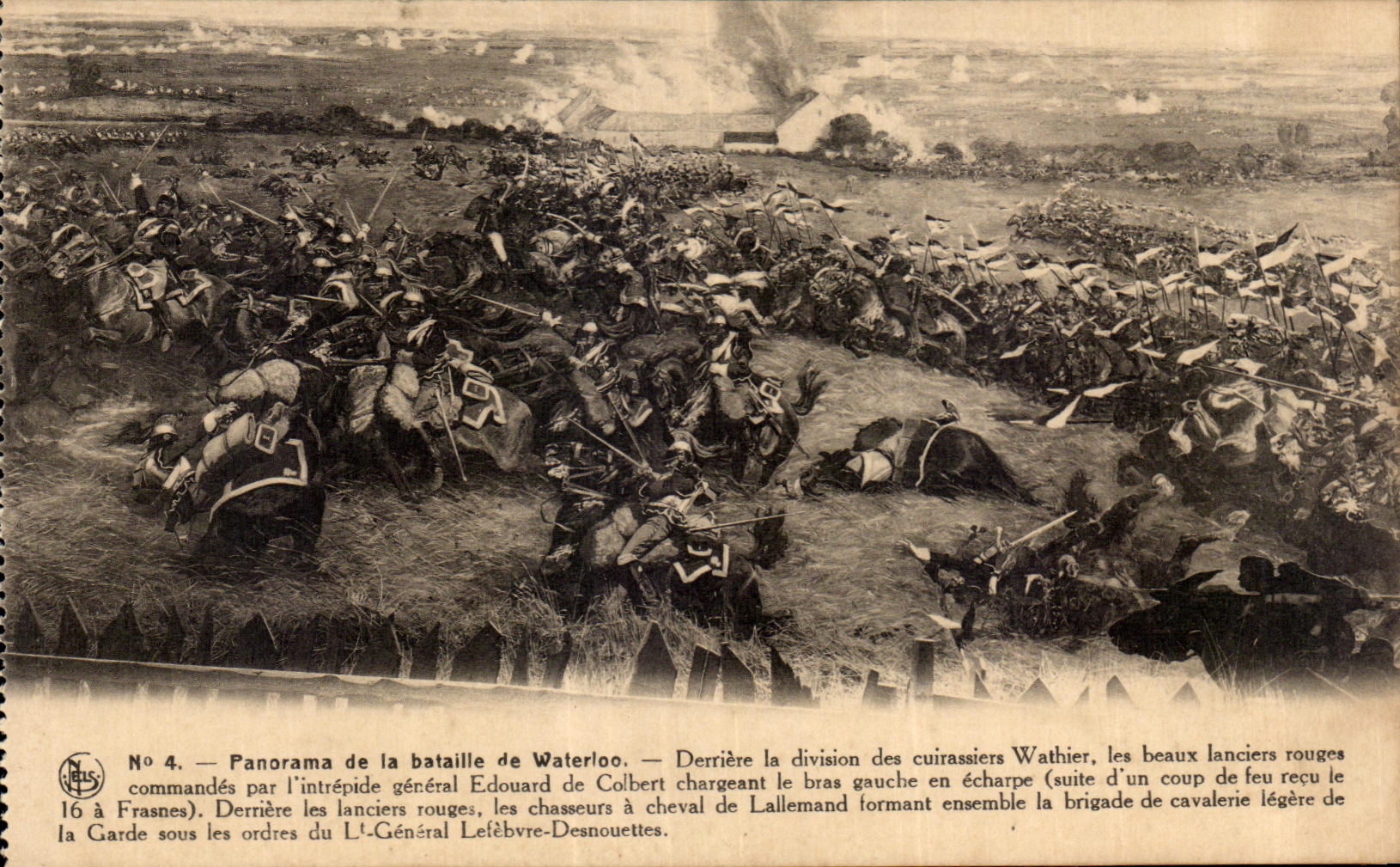 CPA Panorama of the battle of Waterloo Behind the division of the Wathier cuirassiers Napoleon