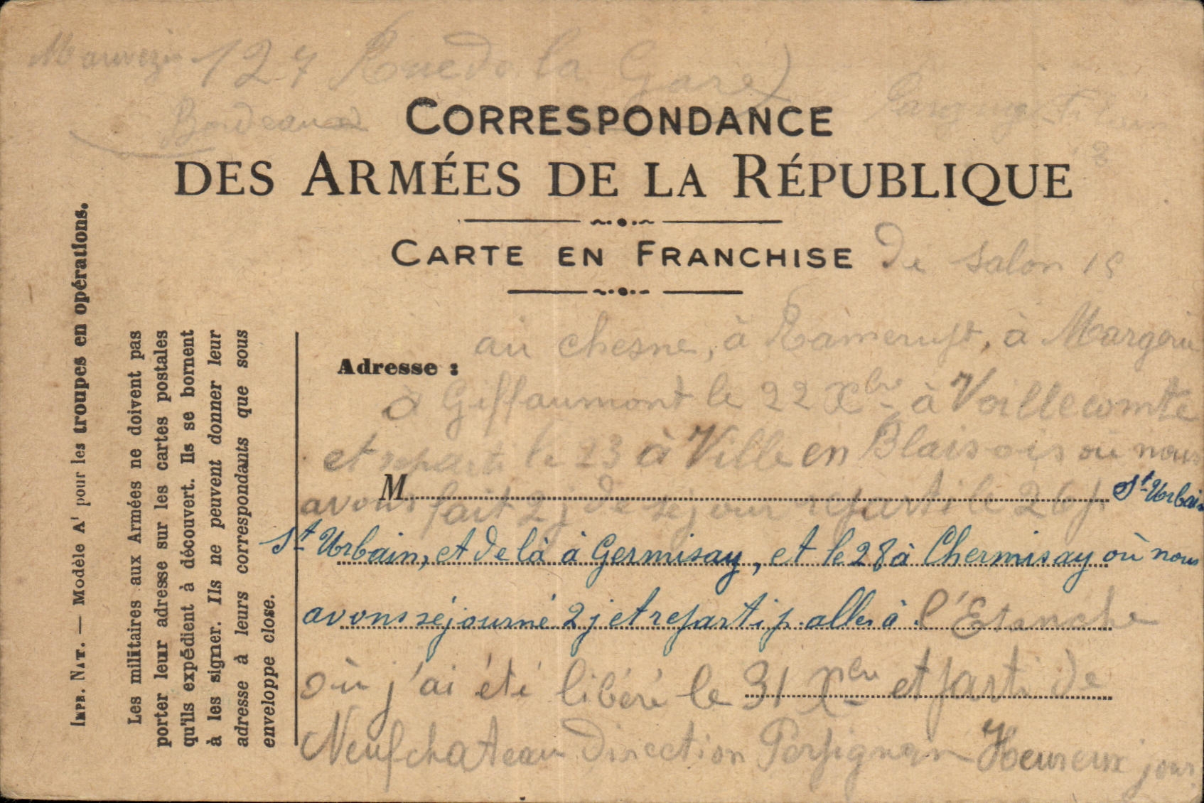 Military chart of Frankness Chemisay Germisay St Urbain