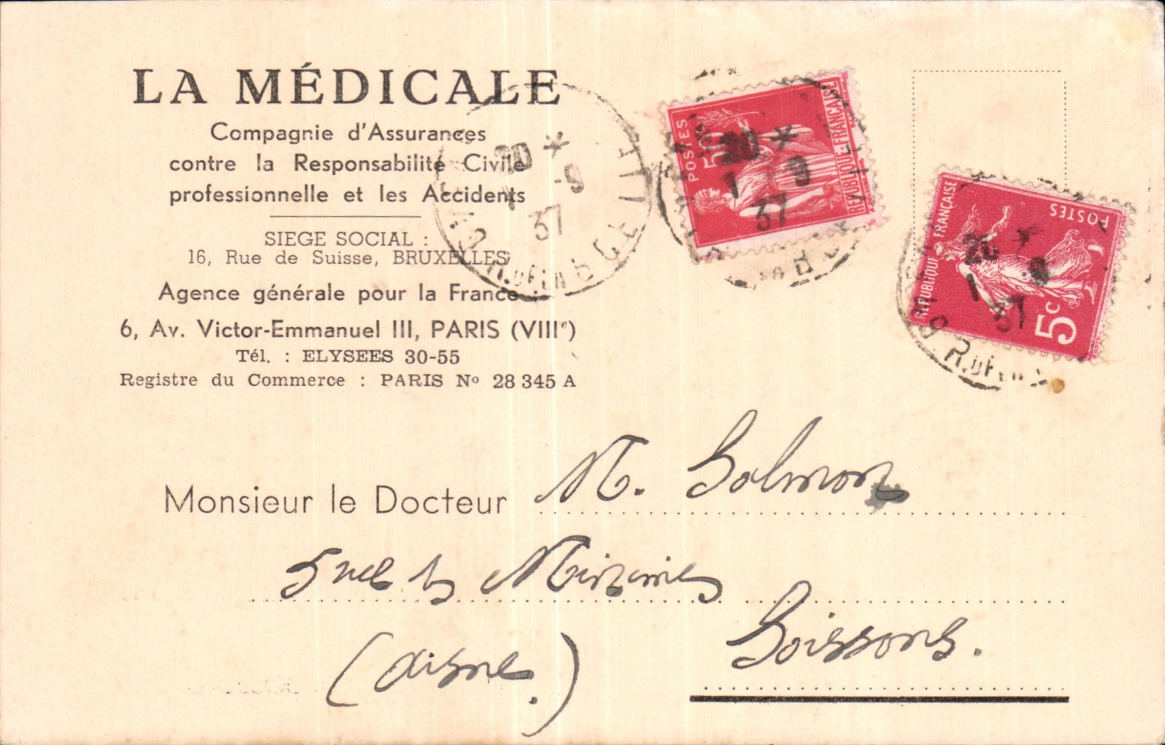 Carte La Medicale Compagnie d Assurances contre la Responsabillite Civile professionnelle et les accidents Paris 