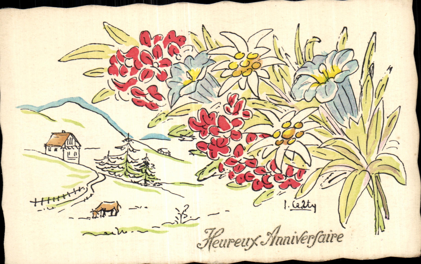 CPA Fantaisie Fleur Anniversaire