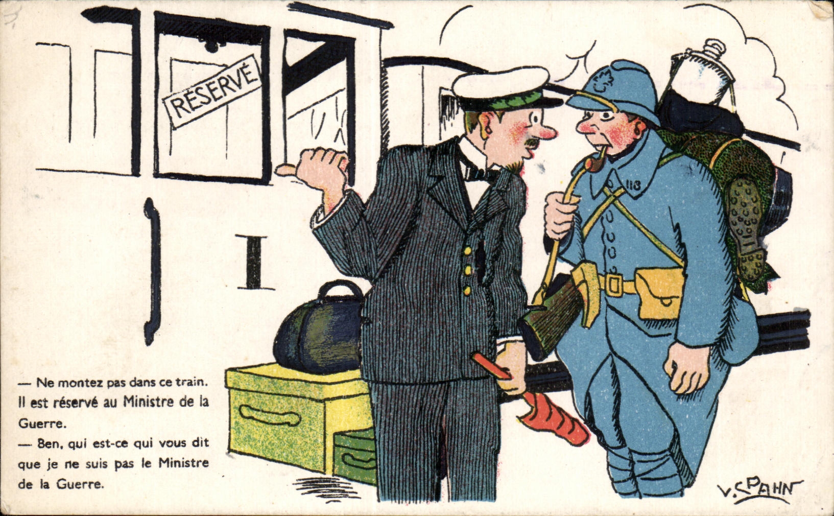 CPA Reserve do not get into this train II is reserve with the Minister for the War Illustrator Spahn Militaria