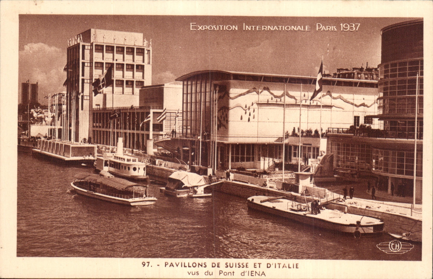CPA Exposition internationale Paris 1937 Pavillon de la Suisse et d Italie Vue du pont d Iena