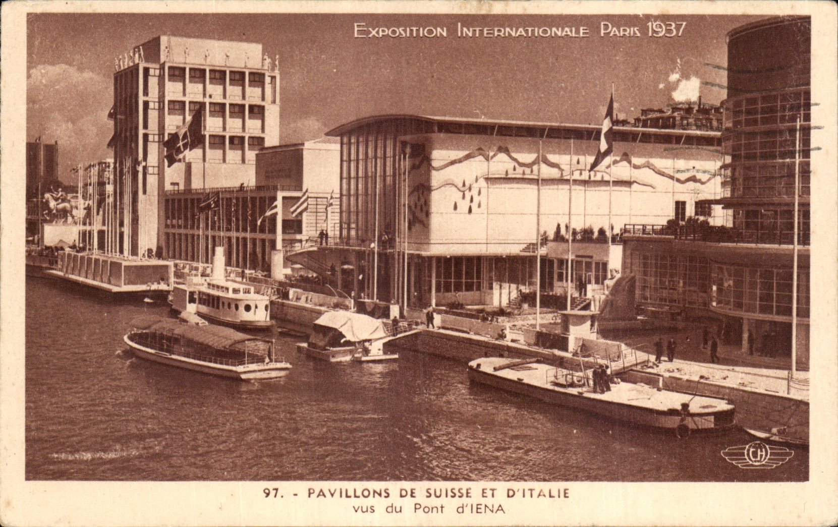 CPA Exposition internationale Paris 1937 Pavillons de la Suisse et de l Italie vus du pont d Iena