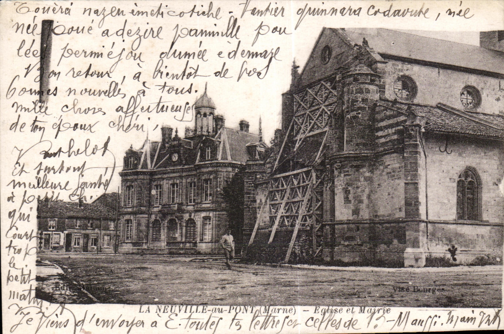 CPA Neuville with the Bridge (the Marne) Church and Town hall