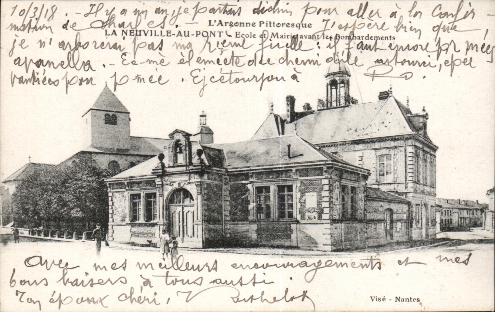 CPA Argonne Pitteresque Neuville with the Bridge School and Town hall before the Bombardments