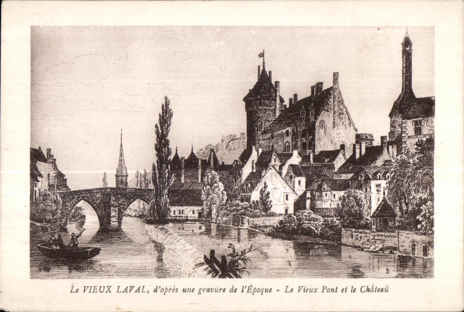 CPA el viejo hombre Laval despues de un grabado del tiempo el puente viejo y el castillo