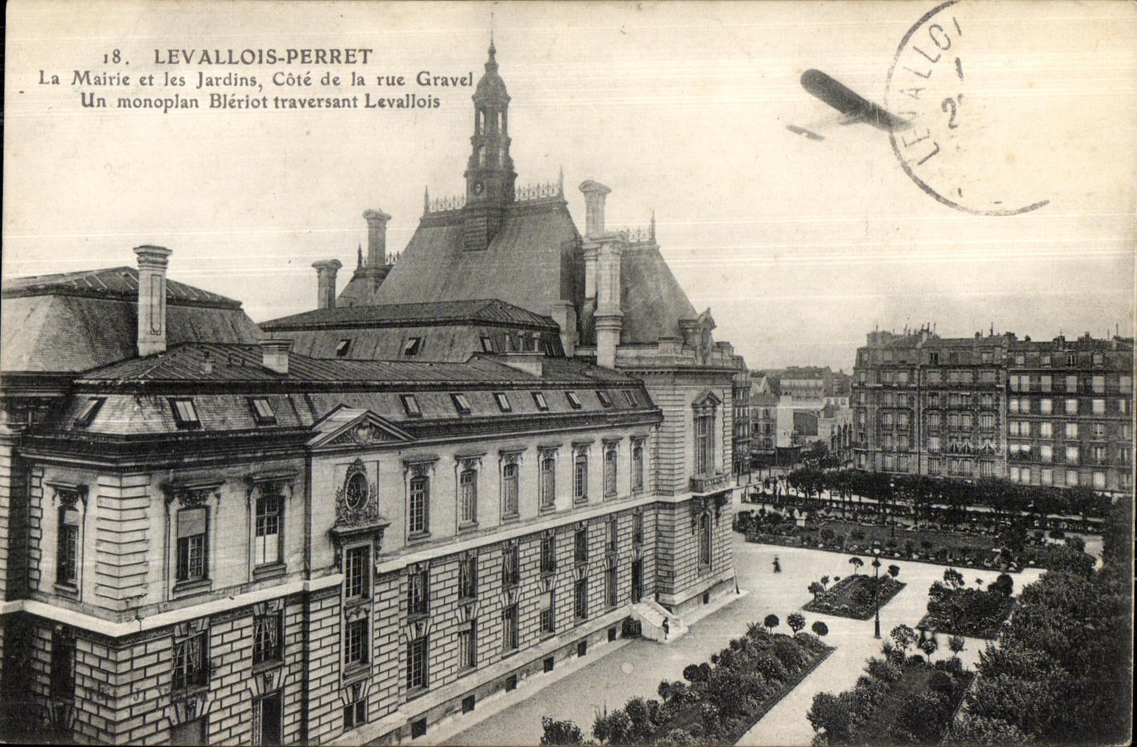 El perret de CPA Levallois el ayuntamiento y la calle de las dimensiones de los jardines cubre con grava un aeroplano Laval-nativo de Avion de la viga del bleriot del monoplano