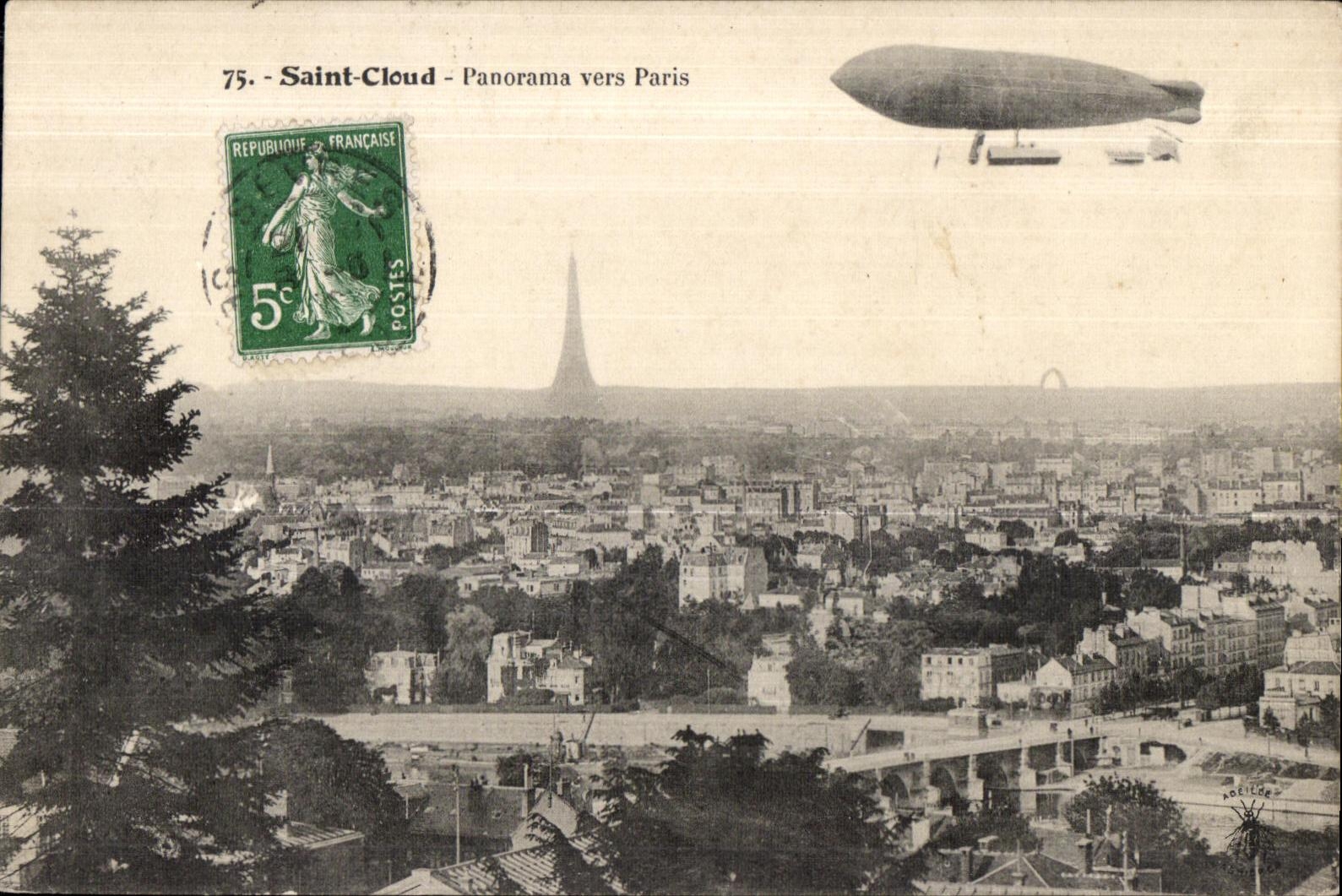 CPA Saint Cloud Panorama vers Paris Ballon Dirigeable Zeppelin Tour Eiffel