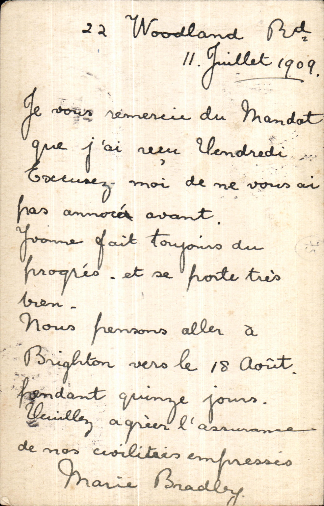 CPA Woodland Road Postcard received mandate