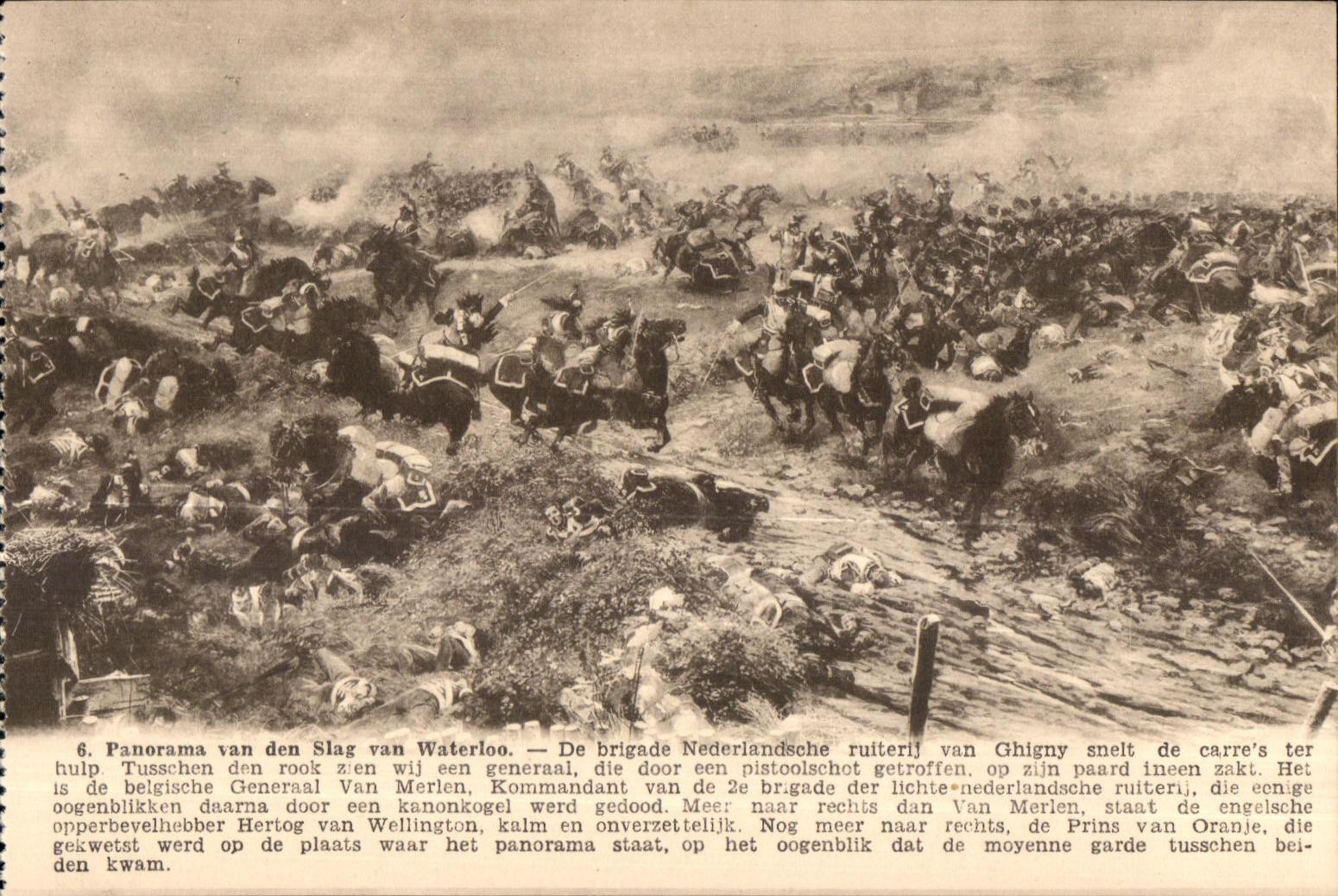 CPA Panorama van den Slag van Waterloo Of brigade Nederlandsche ruiterij van Ghigny snelt hulp Tusschen Militaria